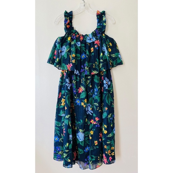 Club Monaco Oversized Silk‎ Lined Tiered Floral Stretch Navy Dress, Size 4 or 6 - Picture 2 of 15